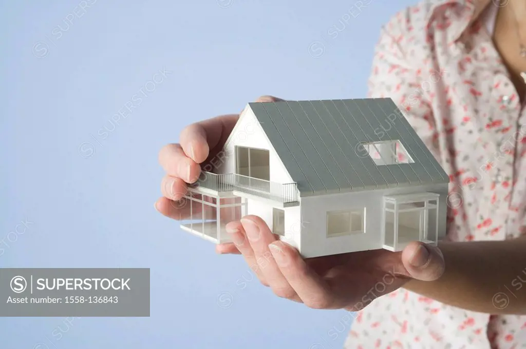 Woman, detail, hands, house-model, one-family house, women-hands, house, model, dream, holds dream, wish planning future-planning future property, pro...
