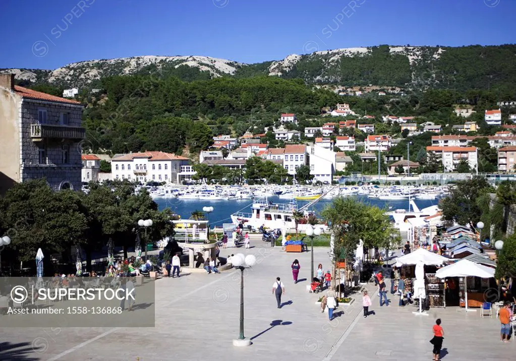 Croatia, Dalmatia, island Rab, city Rab, place, Trg Sv  Kristofora, passers-by, harbor, boats, bay, sea, Mediterranean, Adriatic, Croatian, coast, Mee...