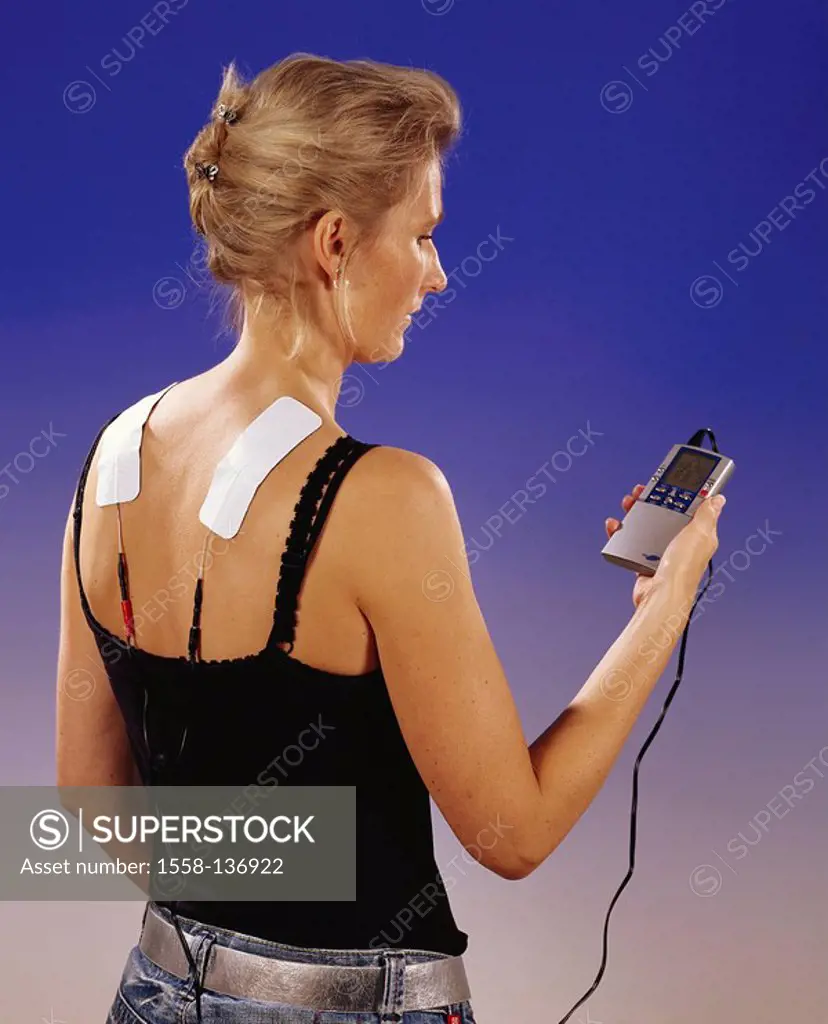 Woman, TENS-Gerät, attraction-stream-treatment, Transkutane electric nerve-stimulation shoulder-area side-opinion illness pain-therapy, pains, therapy...