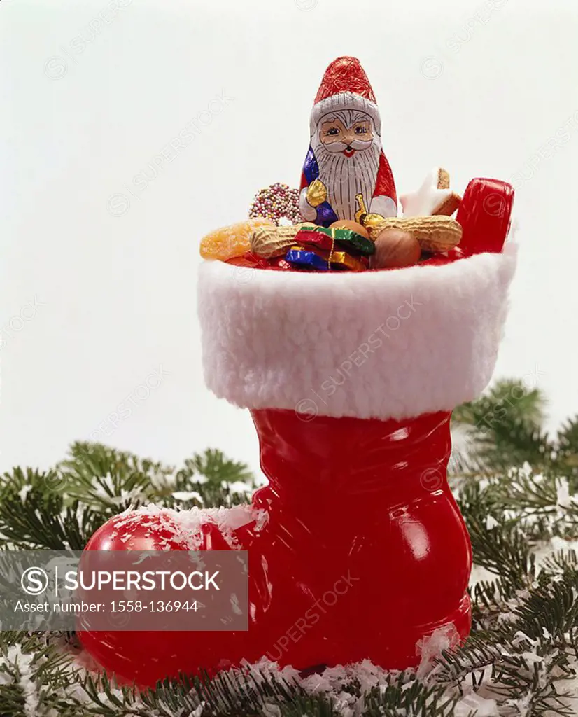 St Nicholas-boots, filled, candies, fir-branches, art-snow, Christmas, Christmas time, boots, plastic-boots, red, eating St Nicholas, surprise, candie...