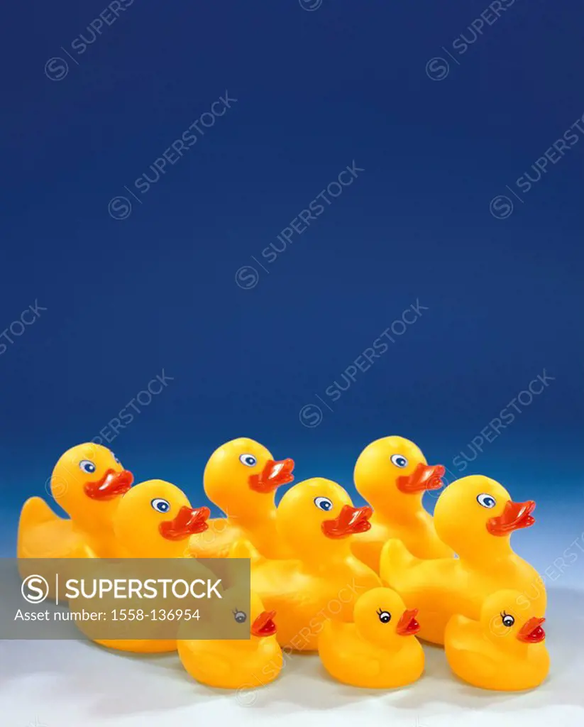 Rubber-ducks, yellow, swarm, size-difference, side-opinion, toy, bath-toy, water-toy, ducks, de little nine swimming-animals Spielenten toy-ducks, bat...