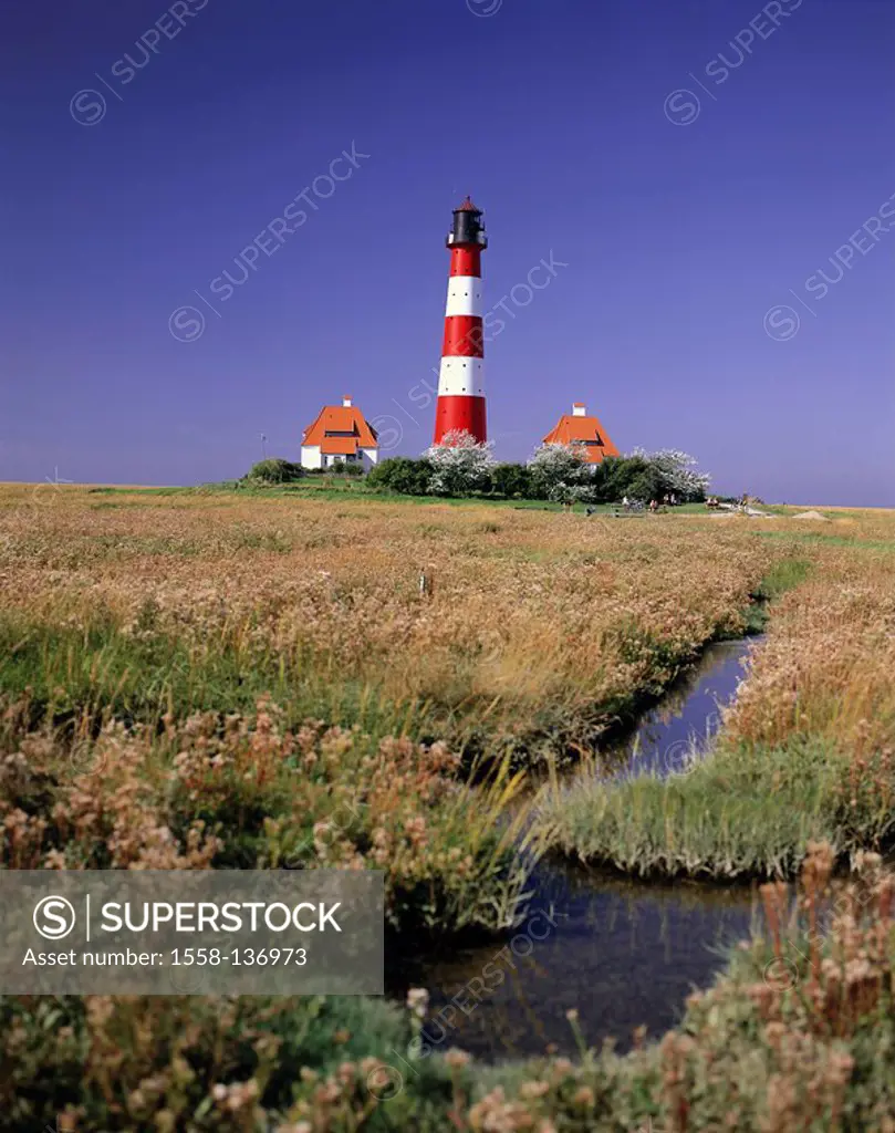 Germany, Schleswig-Holstein, peninsula Eiderstedt, Westerhever, tossed, lighthouse Westerheversand, brook, Northern Germany, North Sea*-coast, norther...