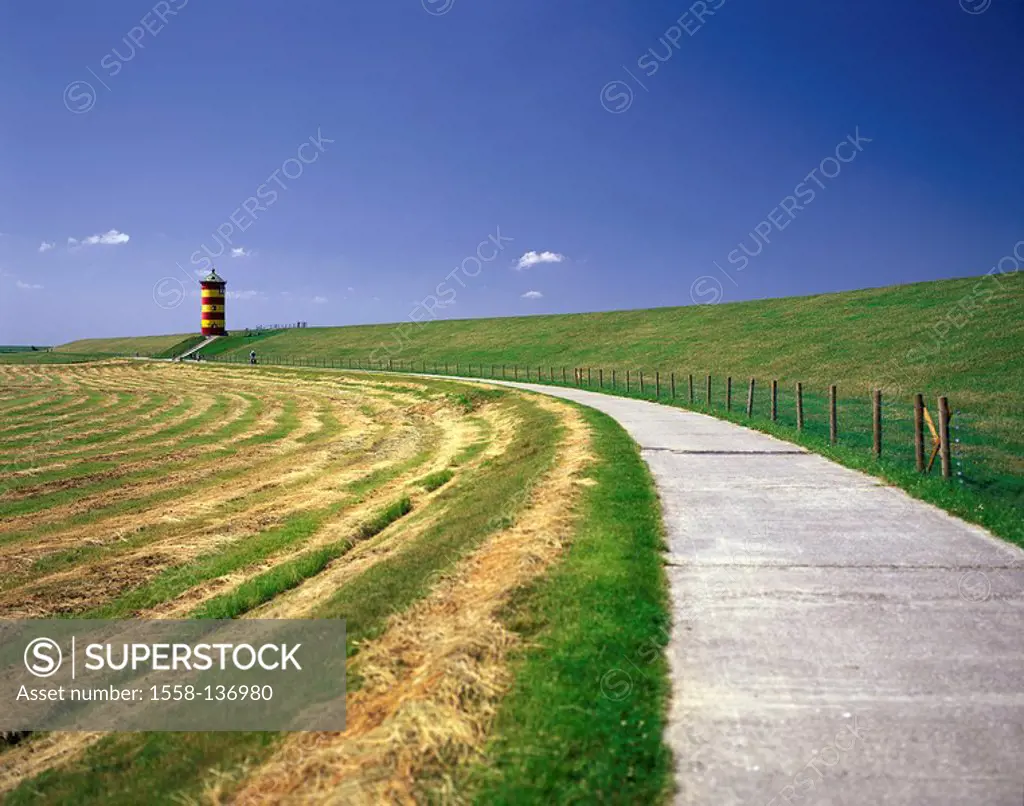 Germany, Lower Saxony, East Frisia, Pilsum, dike, lighthouse, meadows, way, passers-by, summer, Northern Germany, North Sea*-coast, frieze-country, co...