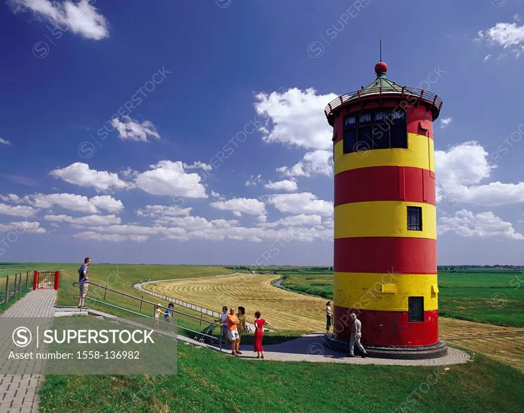 Germany, Lower Saxony, East Frisia, Pilsum, dike, lighthouse, meadows, way, visitors, clouded sky, summer, Northern Germany, North Sea*-coast, frieze-...