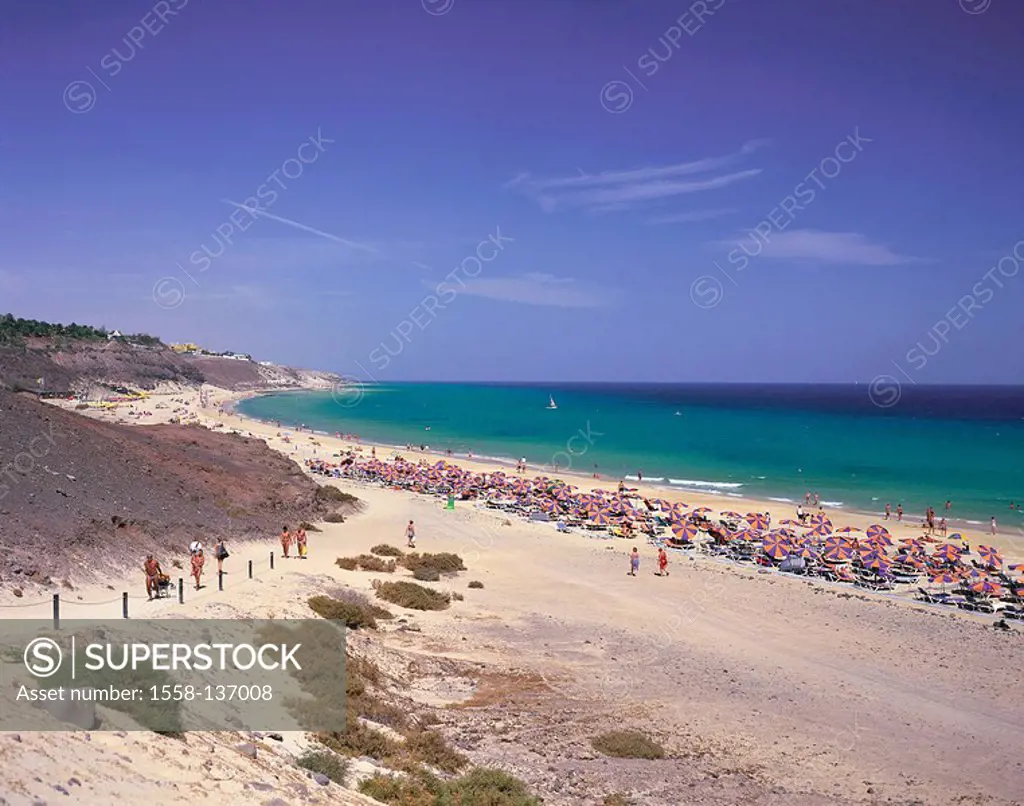 Spain, Canaries, island Fuerteventura, peninsula Jandia, Playa Ezquinzo, sandy beach, swimmers, lake, Meeresküste, coast-landscape, landscape, coast, ...
