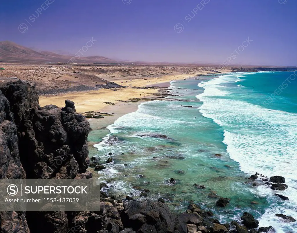 Spain, Canaries, island Fuerteventura, Cotillo, Playa de Castillo, rock-coast, beach, lake, overview, Meeresküste, coast, coast-landscape, landscape, ...