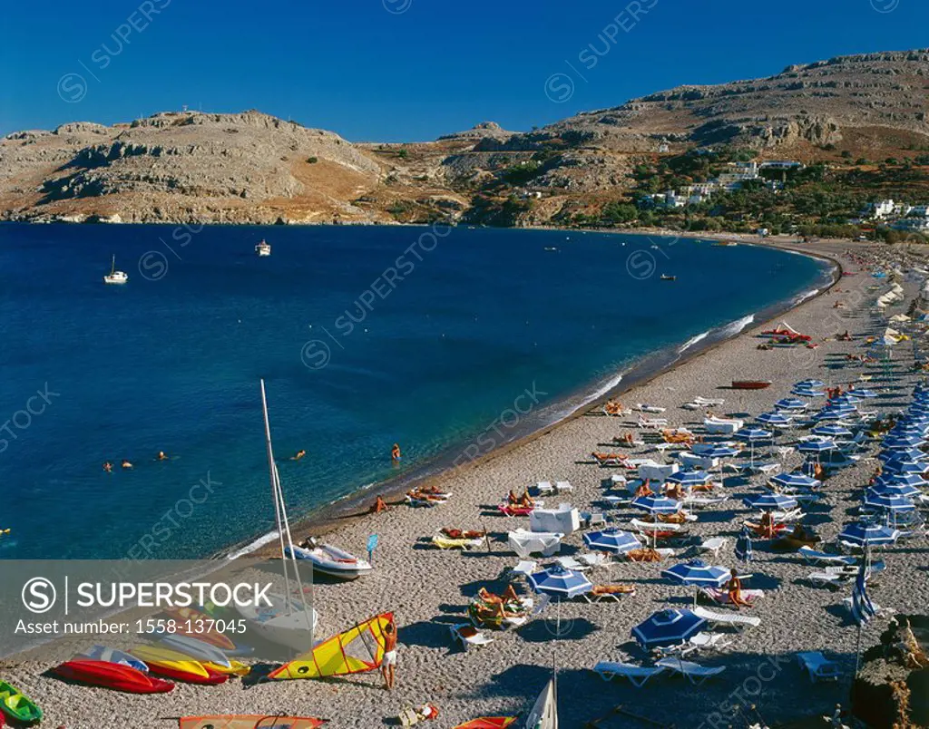 Greece, Dodekanes, island Rhodes, Vlicha, gravel beach, Vlicha Beach, swimmers, lake, overview, Aegean, Meeresküste, coast, coast-landscape, mountains...