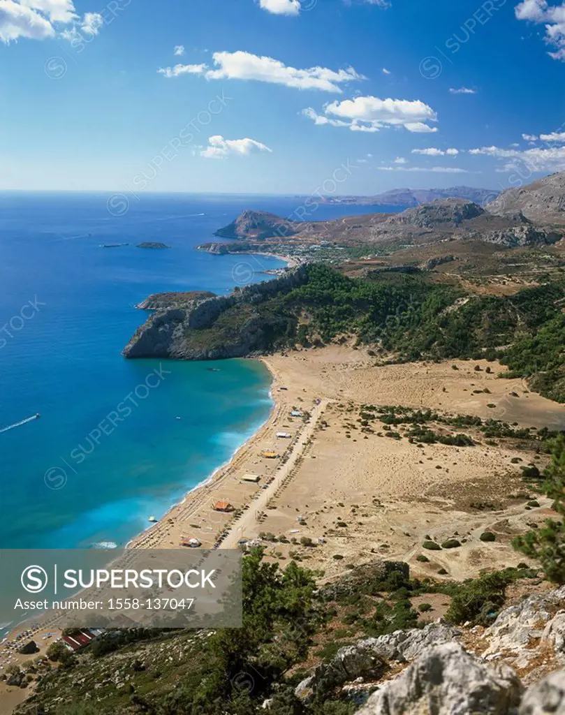 Greece, Dodekanes, island Rhodes, coast-landscape, Tsambika, sandy beach, Tsambika Beach, lake, overview, Aegean, Meeresküste, coast, landscape, mount...