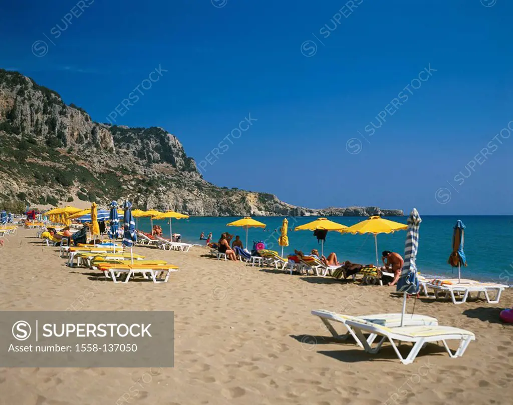 Greece, Dodekanes, island Rhodes, Tsambika, sandy beach, Tsambika Beach, beach-scene, swimmers, rock-coast, lake, Aegean, Meeresküste, coast, coast-la...