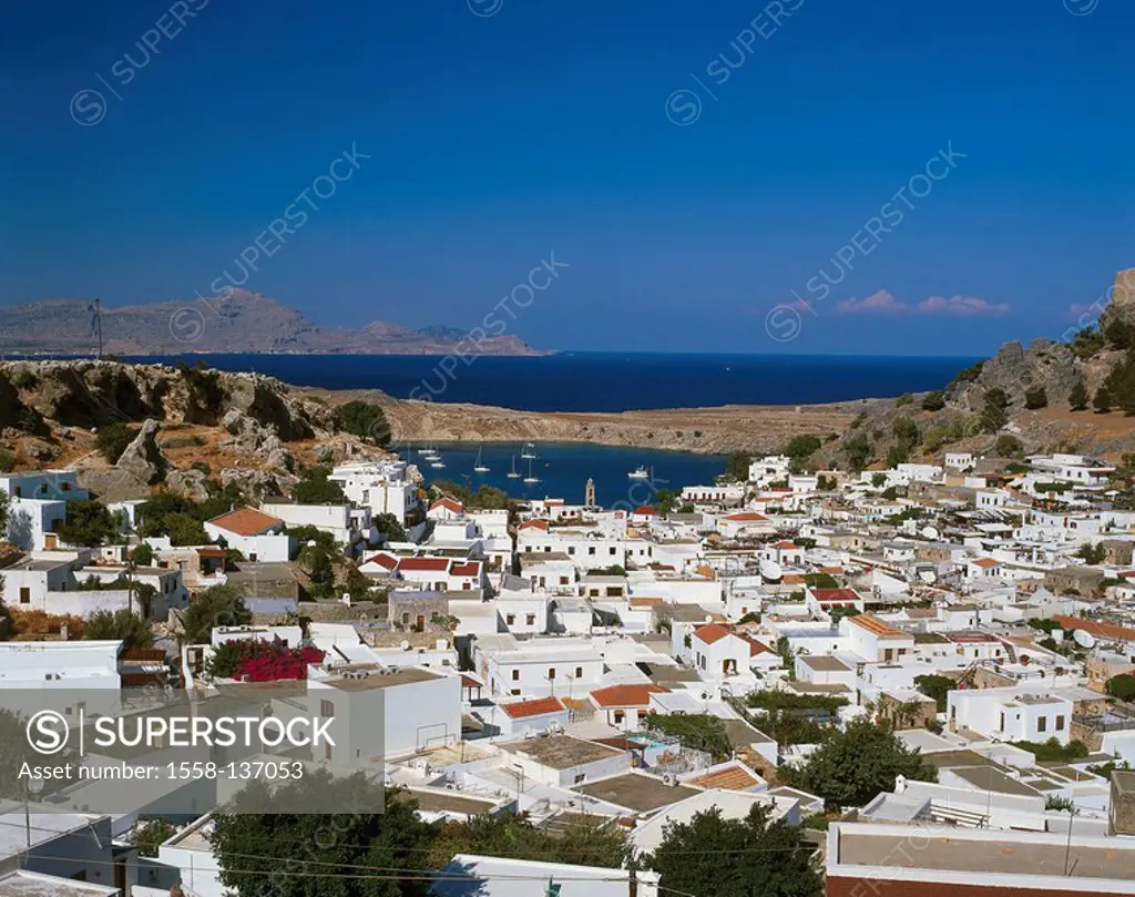 Greece, Dodekanes, island Rhodes, coast, Lindos, city-overview, harbor, lake, Aegean, Meeresküste, coast-landscape, destination, city, city view, hous...