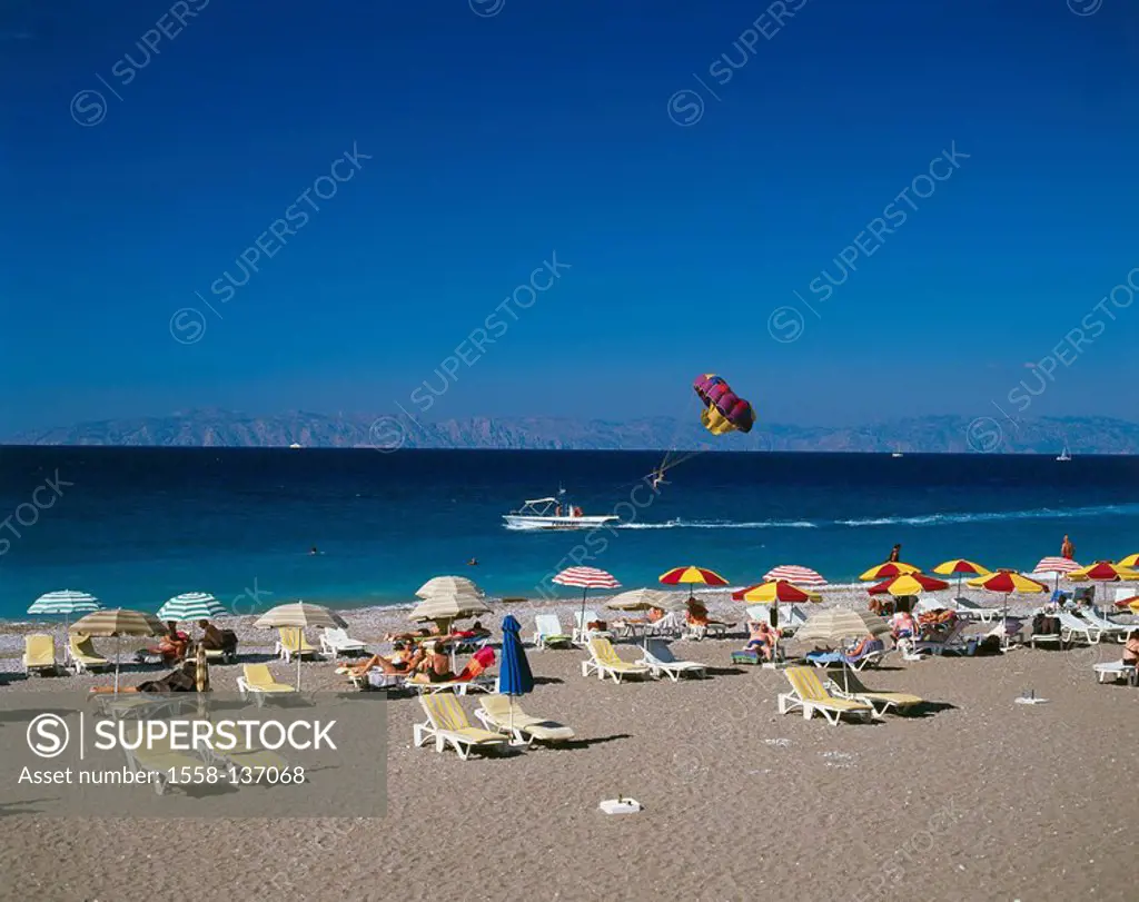 Greece, Dodekanes, island Rhodes, Rhodes-city, new part of town, beach, swimmers, boat, Parasailing, lake, Aegean, Meeresküste, coast, coast-landscape...