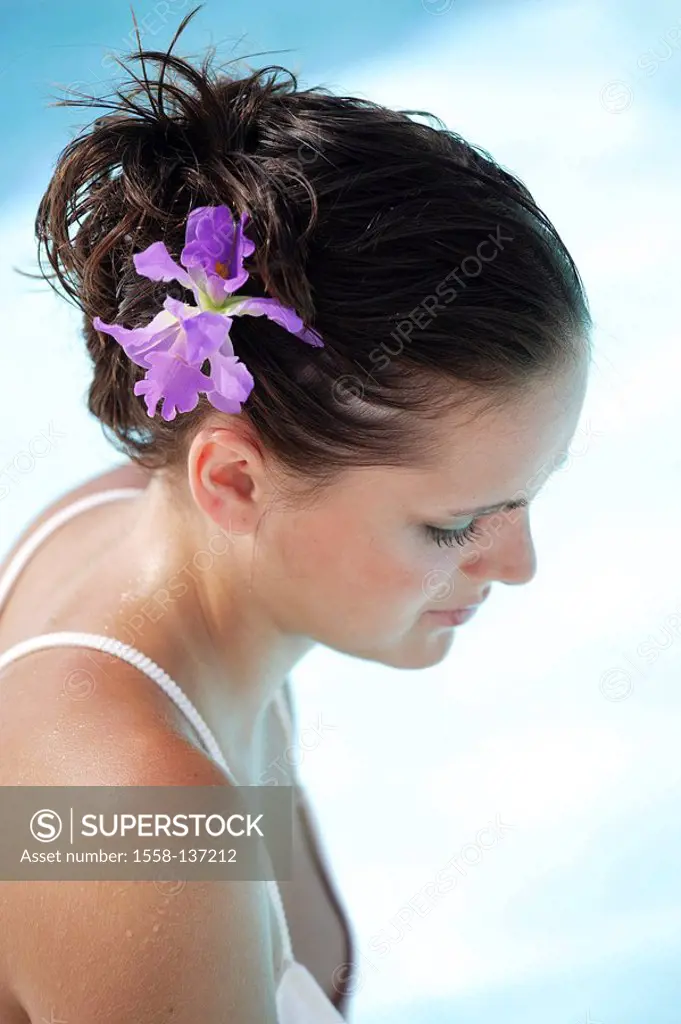 Pool-edge, woman, swimsuit, hair, bloom, purple, side-portrait, top view, series, people, young, swim-suit, dark-haired, flowers, resting, relaxation,...