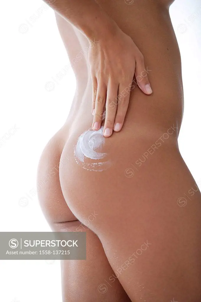 Woman, bare, fanny, puts cream, at the side, detail, series, people, young, hip, bodies, body-care, skin-care, Bodylotion, body-cream, care, cosmetics...