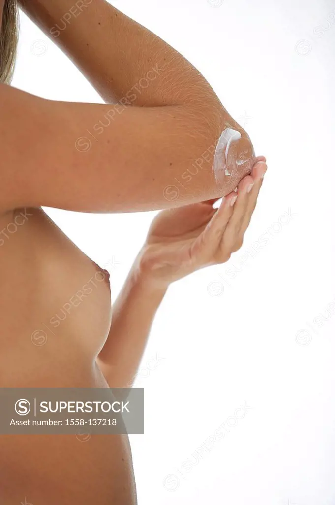 Woman, upper body freely, elbows, puts cream, at the side, detail, series, people, young, bare, bodies, body-care, skin, skin-care, Bodylotion, body-c...