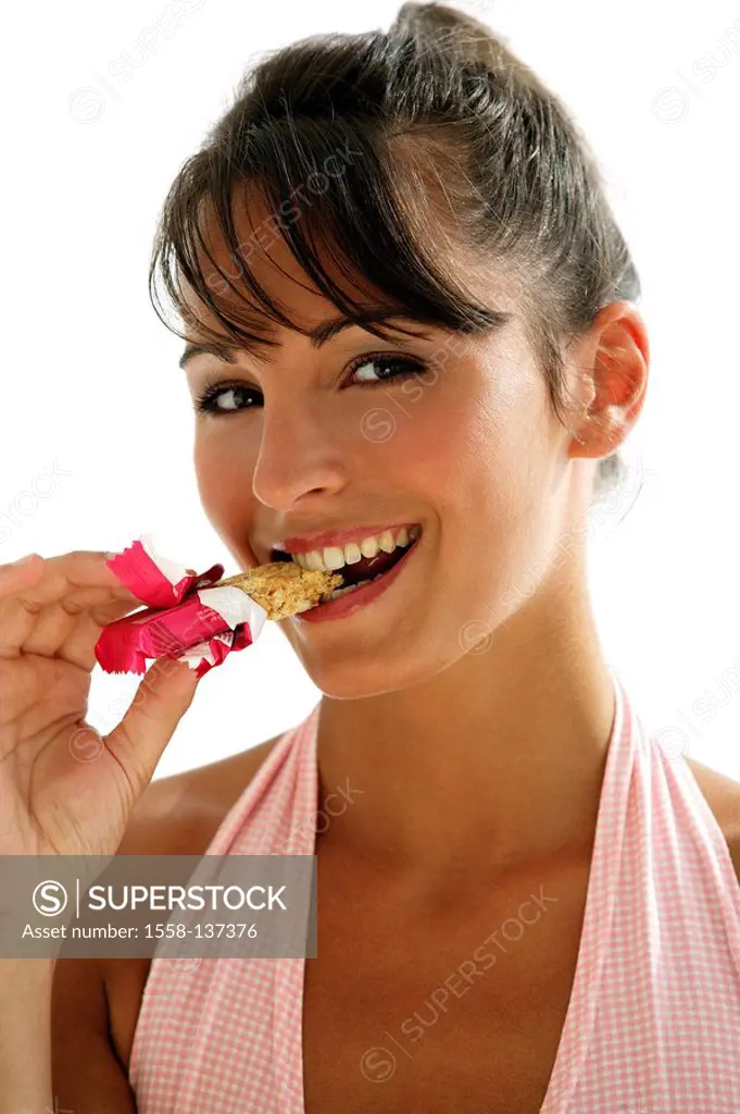 Woman, young, muesliriegel, eating, portrait, series, people, brunette, Top, snack, Snack, healthy, low-fat, calorie-consciousness, diet, nutrition, n...