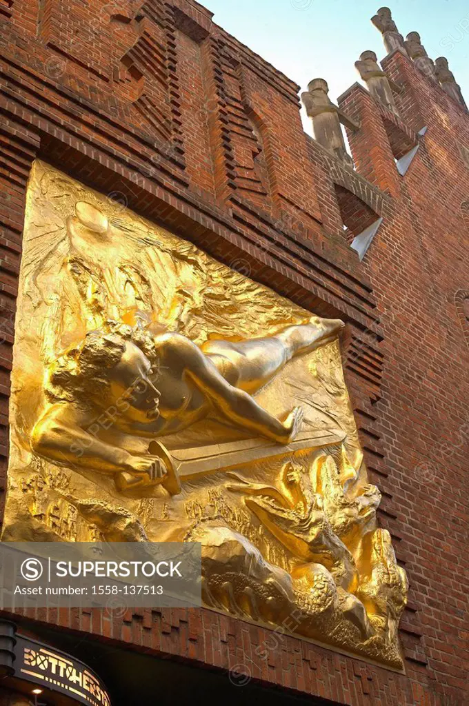 Germany, Bremen, house-facade, relief, golden, Lichtbringer, entrance, cooper-street