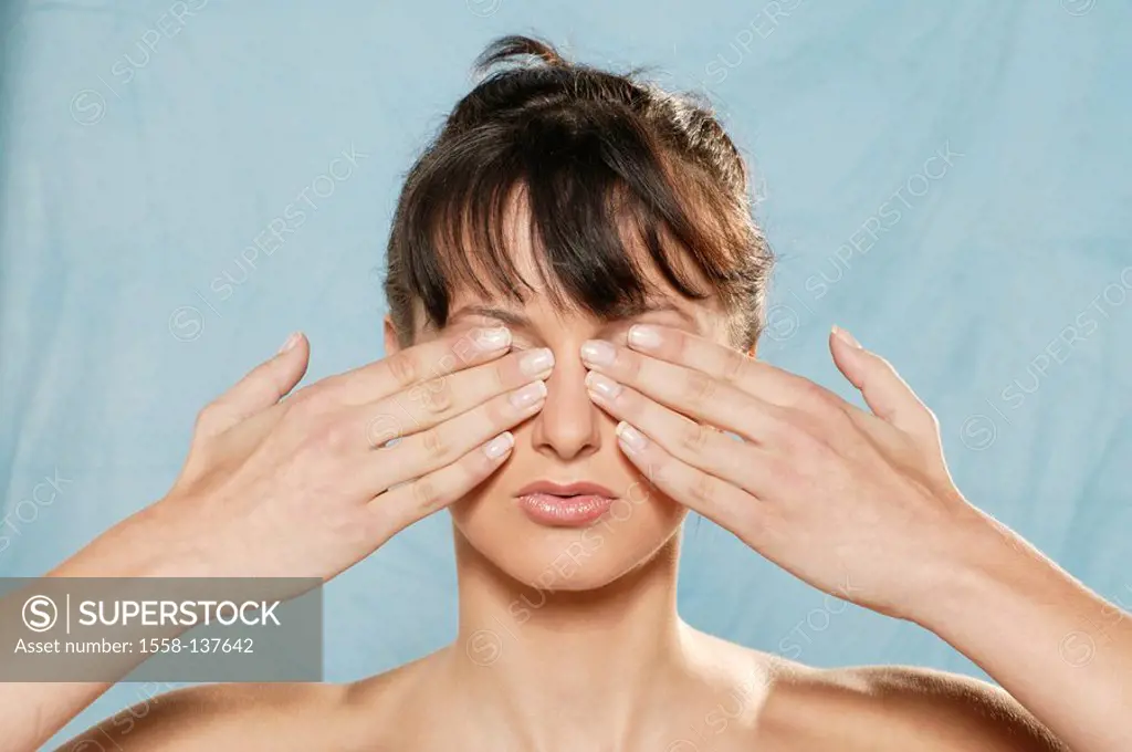 Woman, young, gesture, hands, eyes, keeps closed, portrait,