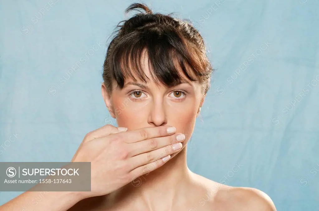 Woman, young, gesture, hand, mouth, keeps closed, portrait,