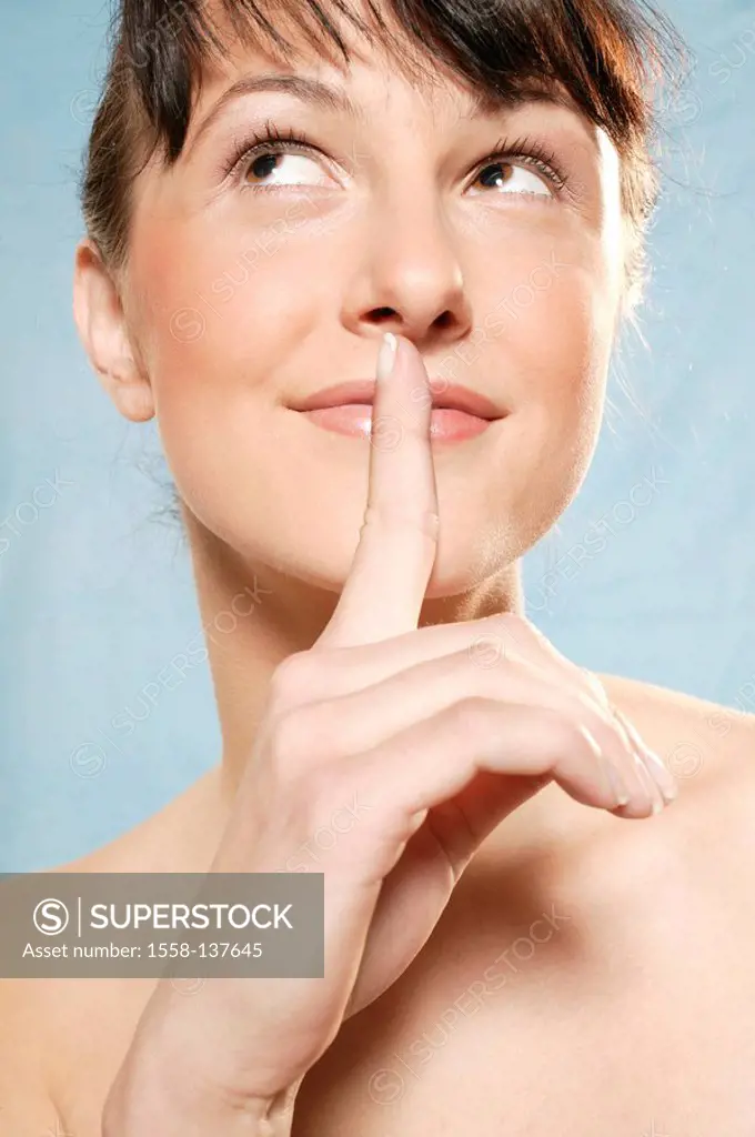 Woman, young, gesture, index fingers, mouth, portrait,