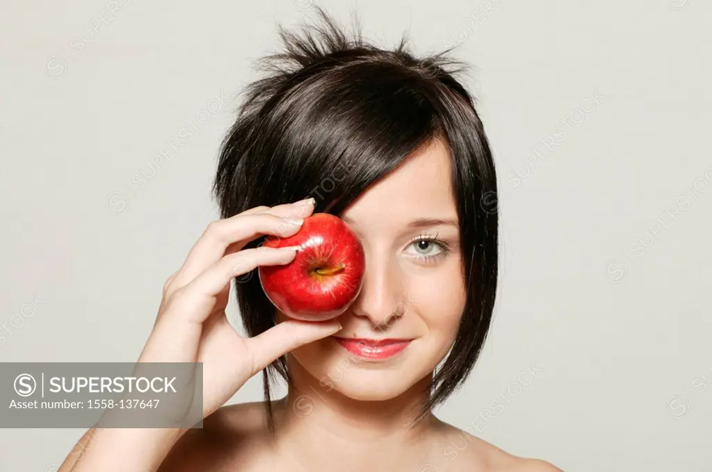 Woman, young, apple, face, eye, lasts, portrait,