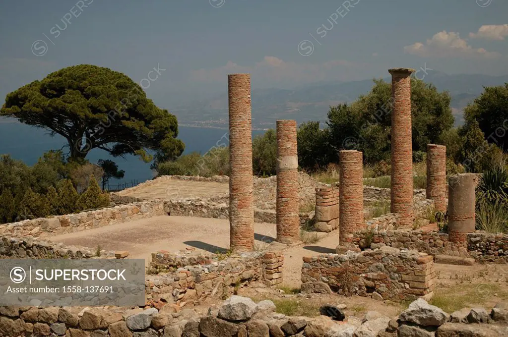 Italy, Sicily, Tindari, Roman villa, fragments, columns,