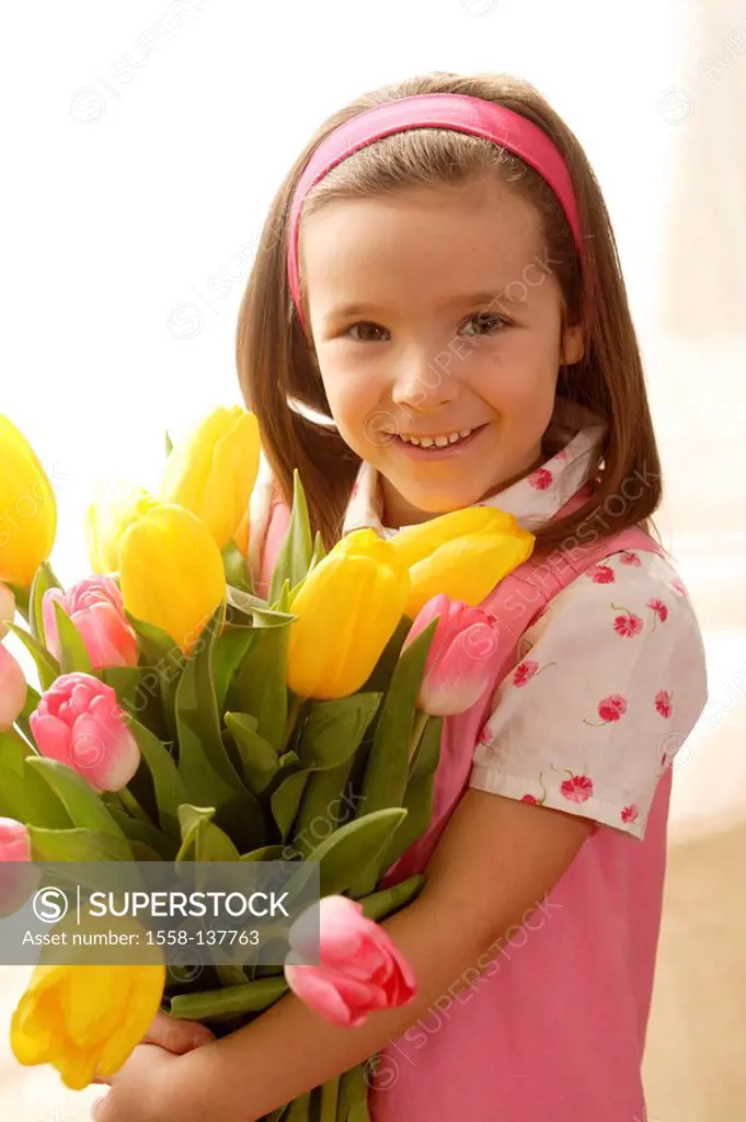 girl, tulip-bouquet, hold, smiling, semi-portrait, series, people, child, dress, long-haired, hairband, cheerfully, happily, naturalness, childhood, f...