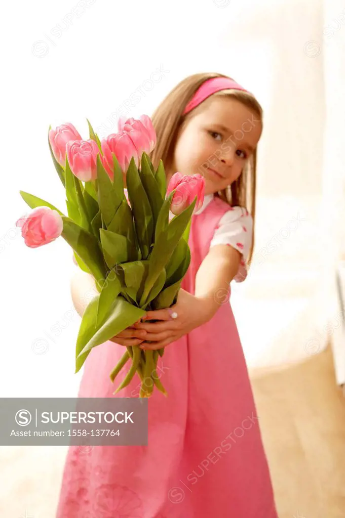 girl, tulip-bouquet, gesture, giving, detail, series, people, child, dress, pink, long-haired, hairband, cheerfully, happily, naturalness, childhood, ...
