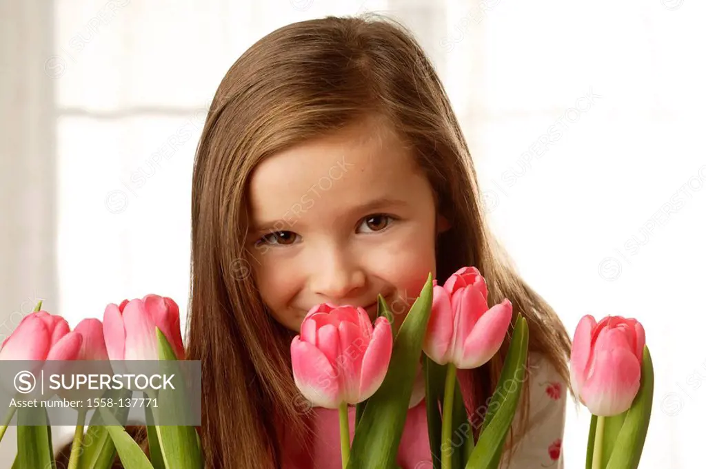 girl, tulips, smile, portrait, series, people child long-haired, cheerfully, happily, naturalness, childhood, tulips, flowers, symbol, mother-day, Val...