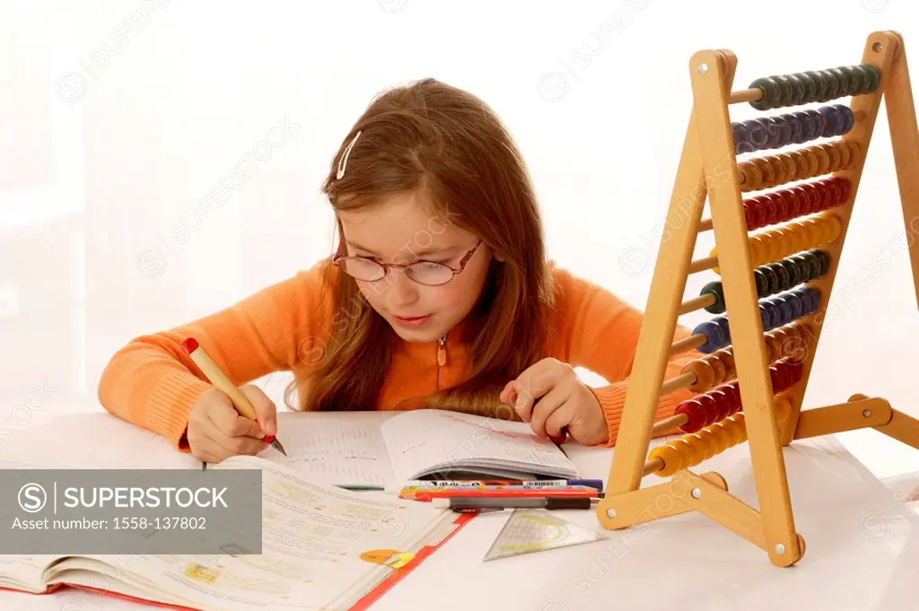 girl, glasses, homework, Mathe, abacuses, reckons, semi-portrait, series, people, child-portrait, portrait, child, long-haired, brunette, 8-10 years, ...