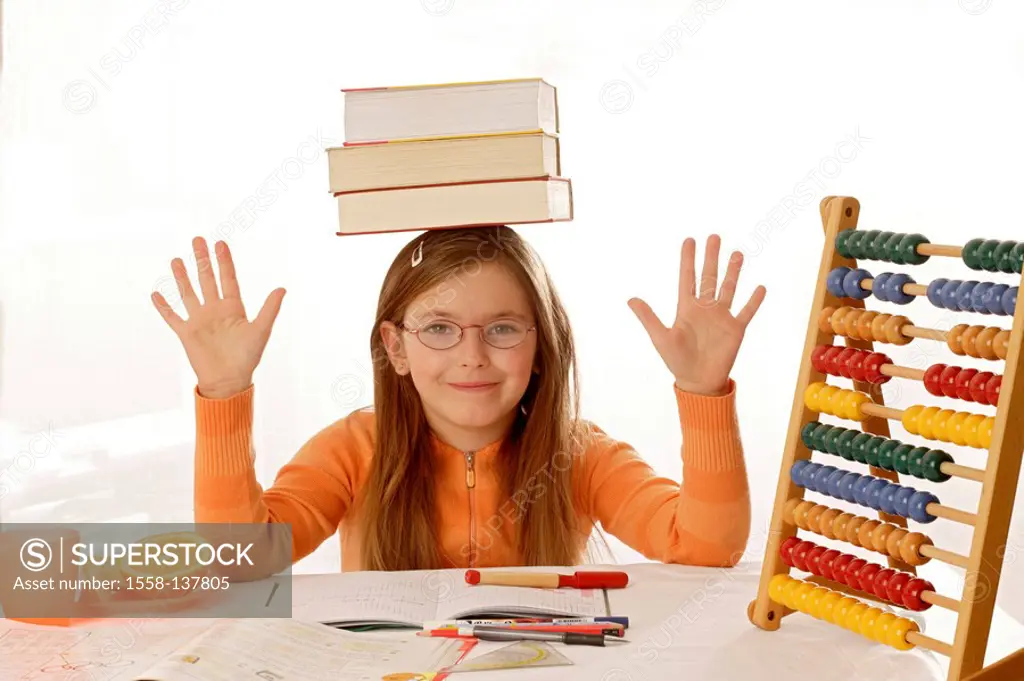 girl, glasses, homework, Mathe, abacuses, books, head, balances, semi-portrait, series, people, child-portrait, portrait, child, long-haired, brunette...