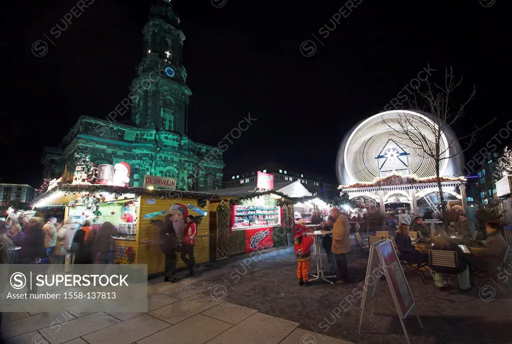 Germany, Saxony, Dresden, Striezelmarkt, Christmas-market, illumination, visitors, evening, city-place, stallcourt, cross-church, church, market-stand...