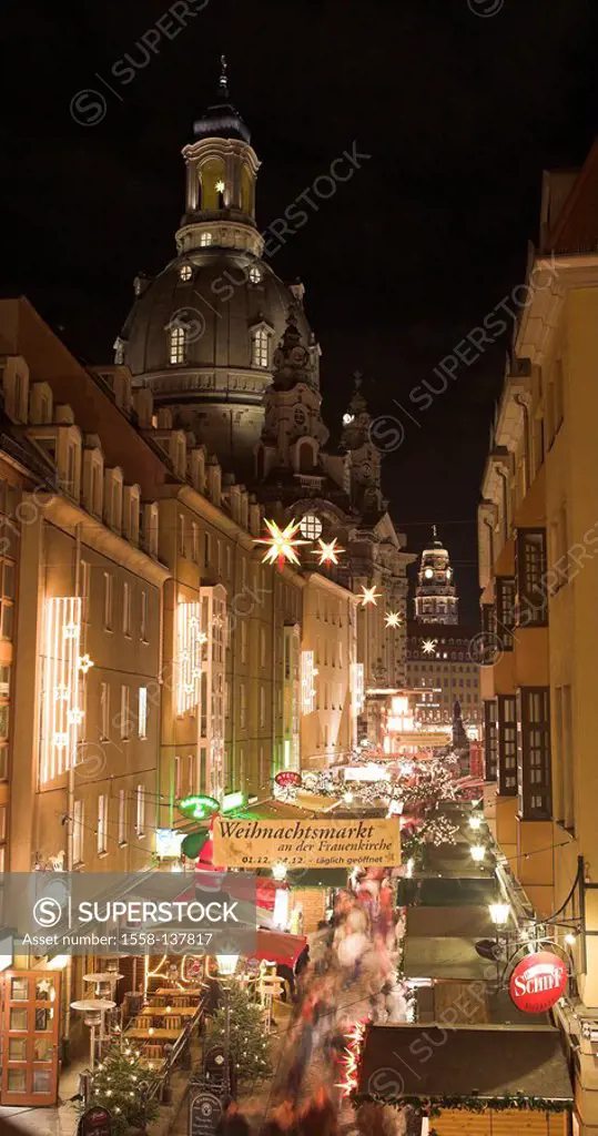 Germany, Saxony, Dresden, Münzgasse, Christmas-market, visitors, evening, top view, houses, residences, Frauenkirche, church, town hall, town hall-tow...