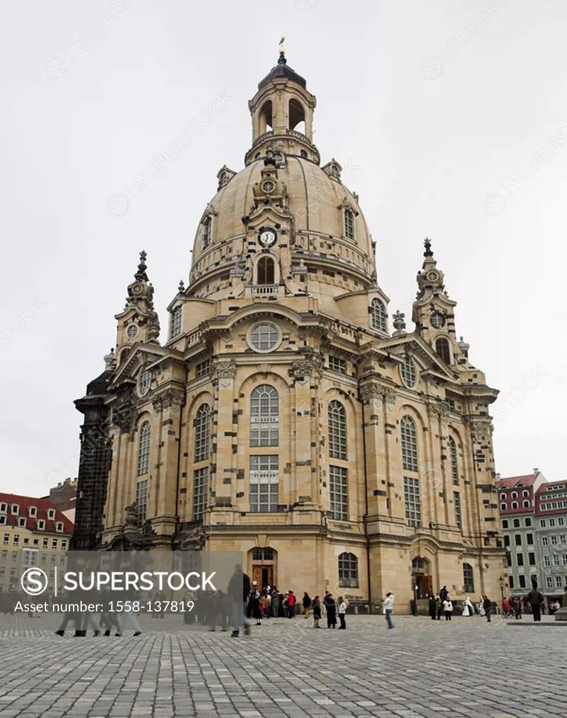 Germany, Saxony, Dresden, Frauenkirche, tourists, church, cathedral, baroque, baroque-church, architecture, UNESCO-Weltkulturerbe, sight, city trip, t...