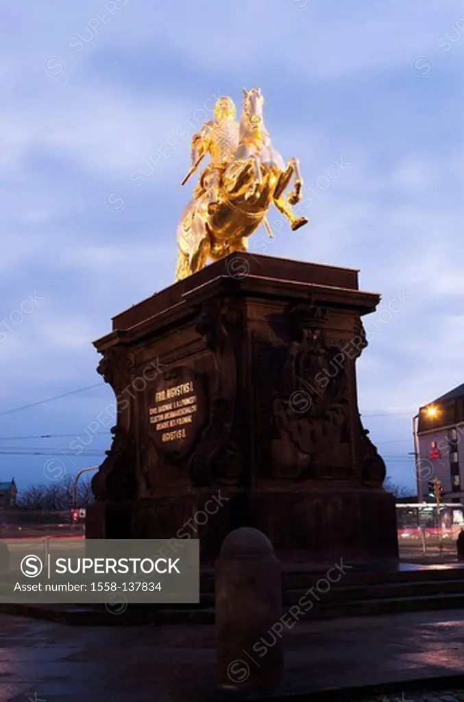 Germany, Saxony, Dresden, rider-statue August the Strong, from below, twilight, statue, monument, statue, golden, gilds, memory, sight, destination, t...