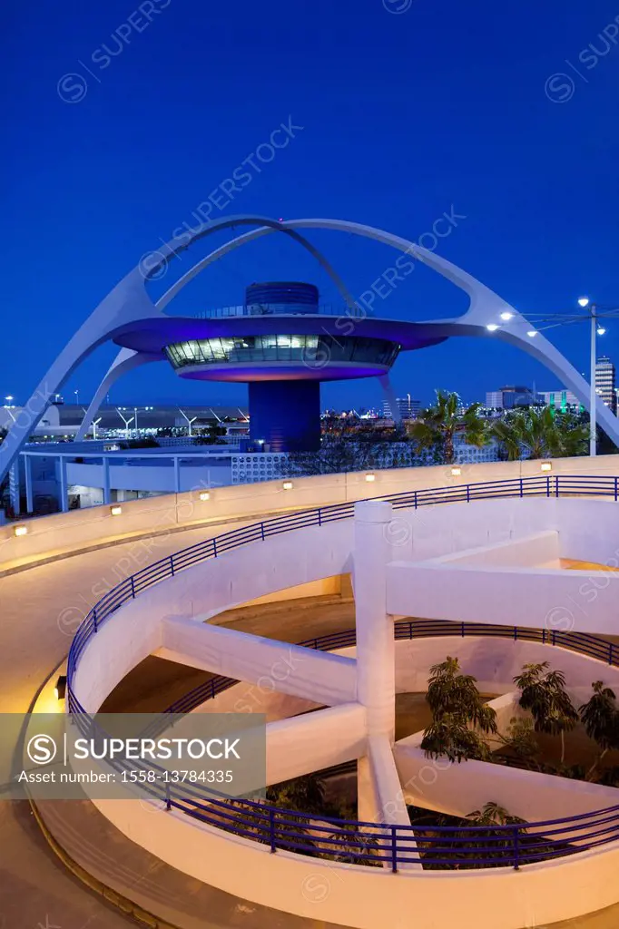 USA, California, Los Angeles, LAX, Los Angeles International Airport, former airport control tower, now a bar, dusk