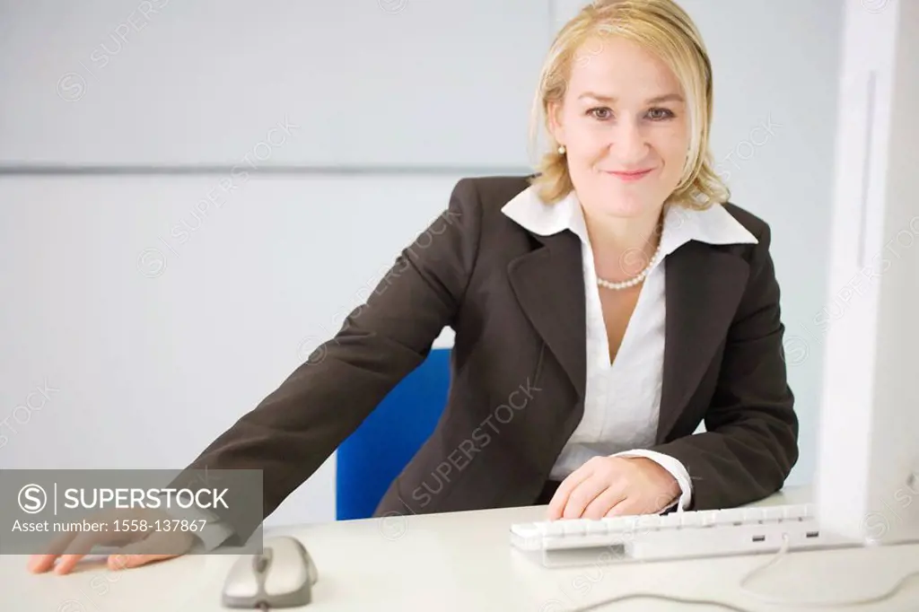Office, businesswoman, work, computers, smiling, people, woman, manager blond self-confidence contentment success, data-retrieval, data-administration...