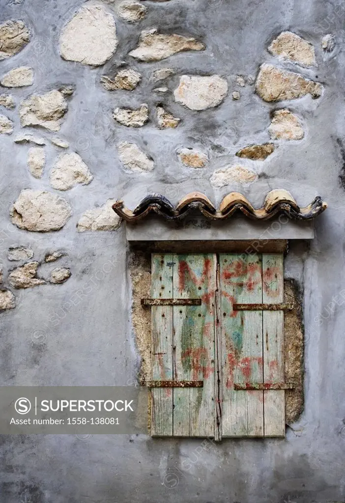 House-wall, detail, windows, shutters, buildings, closed house, wall wall stones wood-shutters to, closed, broken, damages, descended, unkempt, leaves...