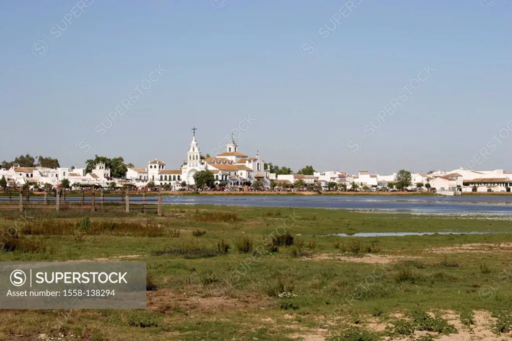 Spain, Andalusia, El Rocio, locality perspective, church, Europe, destination, Costa de la Luz, Río Guadalquivir, river, Lord´s house, sacral-construc...