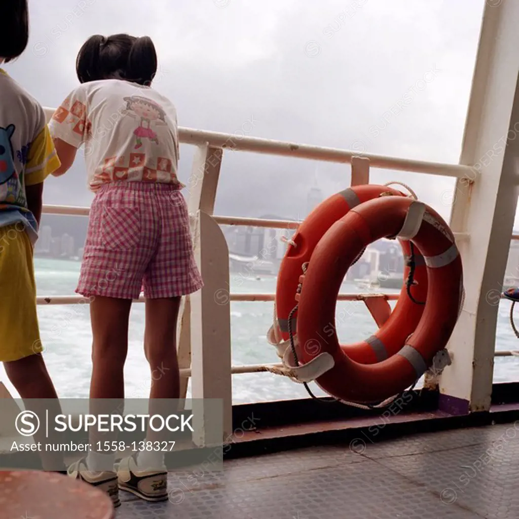 China, Hong Kong, ferry, rail, children, back view, ferryboat, ship, people, Asians, Chinese, girl, shorts, gym shoes, view, stands enjoys, gaze, city...