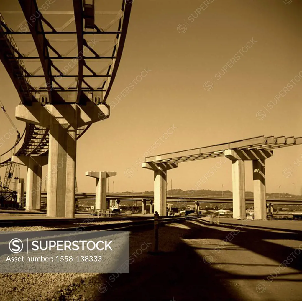 USA, California, Oakland, street-construction, bridges, unfinished, monochrome, North America, city, center, building site, Highway, overpasses, concr...