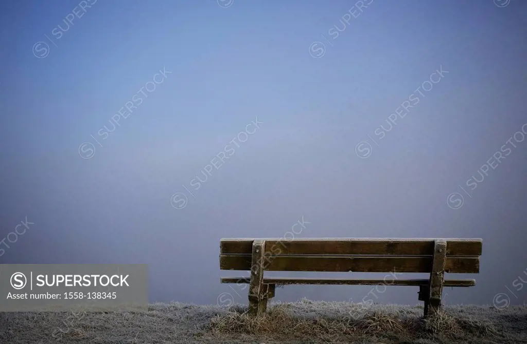 viewpoint, bench, fog, year-time, autumn, morning-fog, foggily, leaves, loneliness, deserted, gray, hazy, outside, seat-possibility, wood-bank, text-s...
