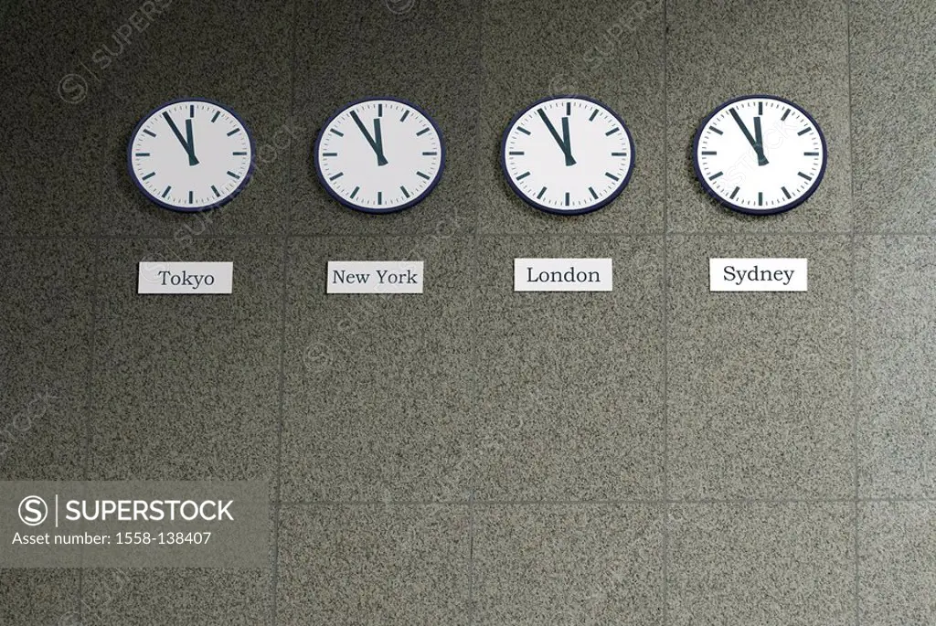 Wall-clocks, side by side, times, five before twelve, signs, metropolises, Städtenamen, clocks, mechanically, digit-leaves, time-ads, time, dates, tim...