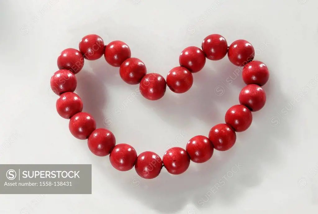 Pearl-heart, red, heart, pearls, wood-pearls, heart-form, balls, decoration, decoratively, Christmas-decoration, still life, cut-out,