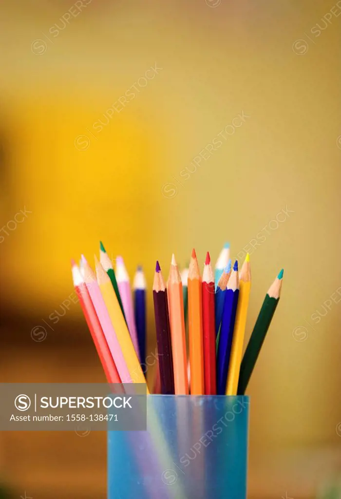 Plastic-cup, crayons, detail, cup, receptacles, pens, crayons, wood-pens, colorfully, colorfully, differently-colorfully, colors, symbol, draw, paints...