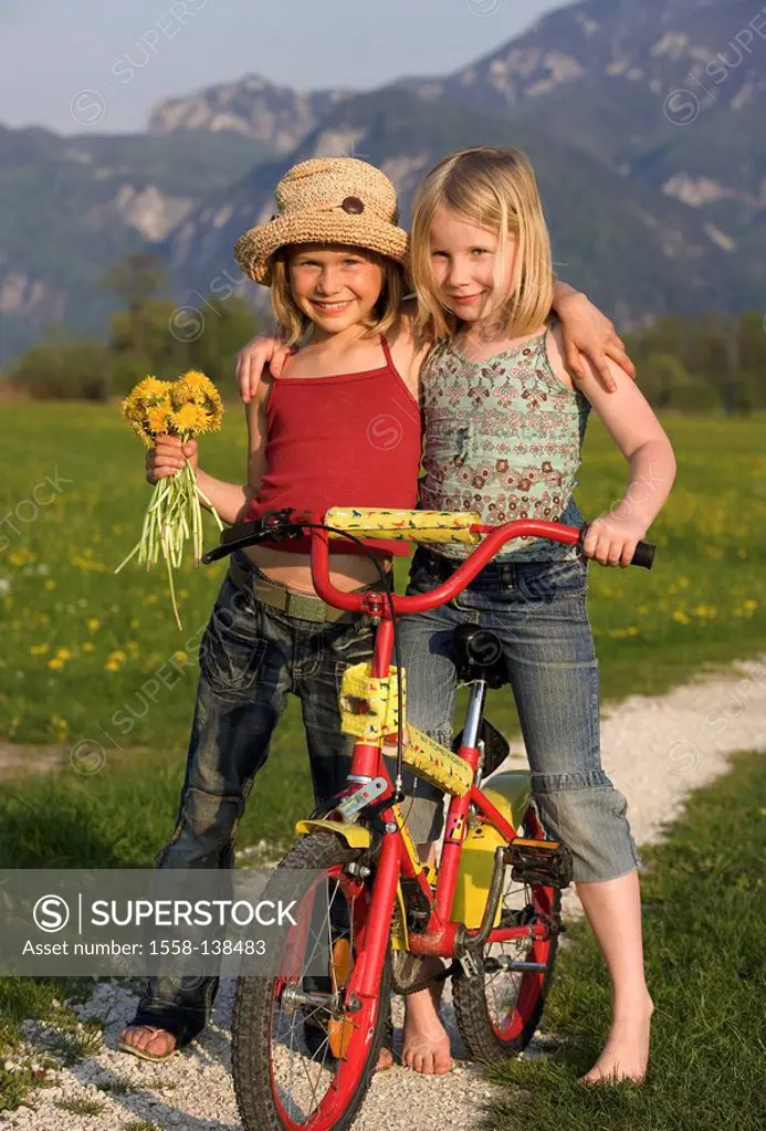 Track, girl, bicycle, flower-bouquet, embrace, cheerfully, spring, series, flower meadow, dandelion, children, friends, flowers, dandelion, flower-bou...