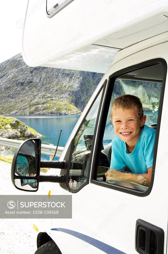 Norway, fjord-country, shore, camper, boy, gaze, side-windows, cheerfully, detail, series, landscape, fjord, mountains, lake, shore, shore-street, cam...