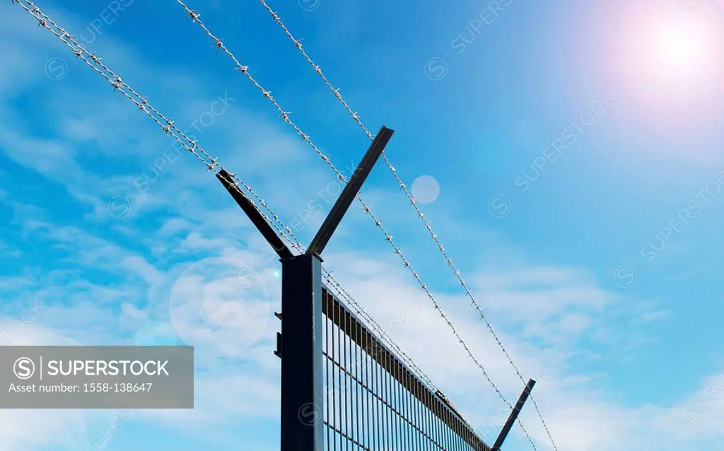 Closing off, security-fence, barbed wire, from below, detail, back light, precaution, security-measure, fence, fence-fence, protection, security, dema...