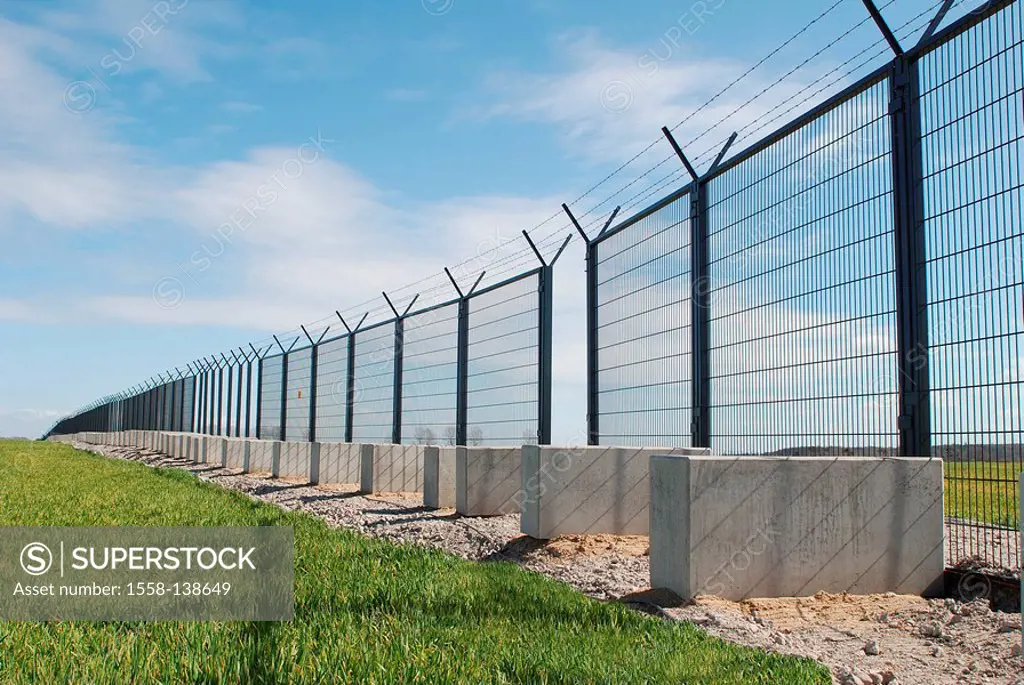 Field-landscape, closing off, security-fence, barbed wire, detail, landscape, field, meadow, precaution, security-measure, fence, fence-fence, protect...