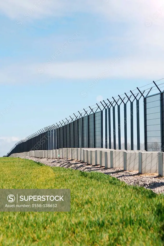 Field-landscape, closing off, security-fence, barbed wire, detail, landscape, field, meadow, fence, fence-fence, protection, precaution, security-meas...