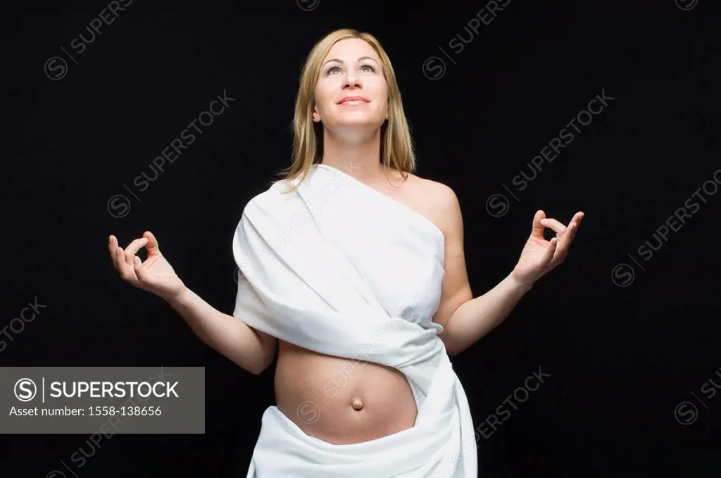Woman, young, pregnant, enveloped, cloth, navel-freely, belly gesture meditation fertility-goddess high-looks, people, blond, goddess pregnant stands,...